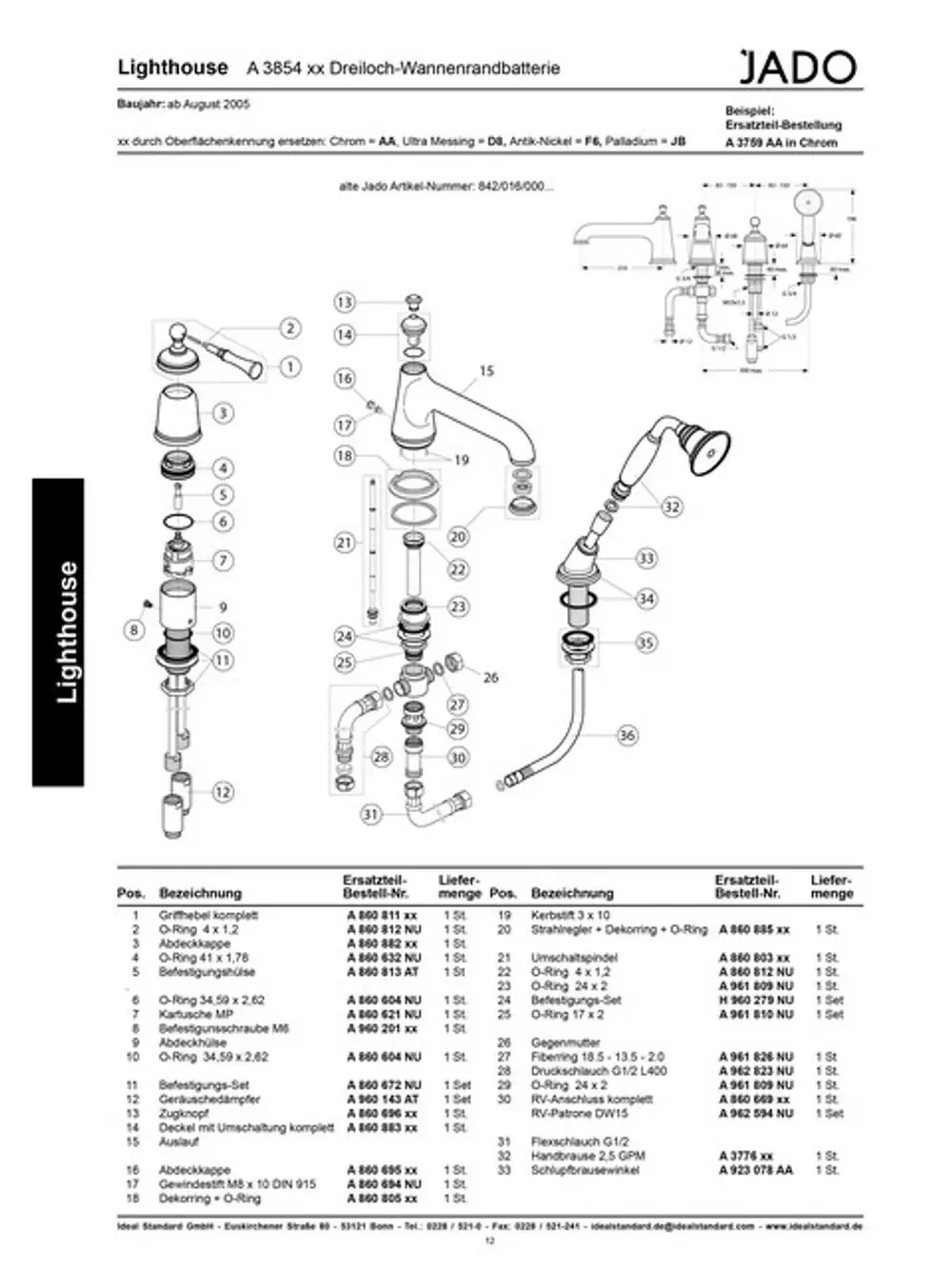 Zugknopf von Ideal Standard, dargestellt in einem technischen Explosionsschema. Die einzelnen Teile sind nummeriert und mit Ersatzteil-Identifikationen versehen.